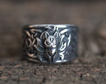 Niedlicher gotischer neunschwänziger Fuchs Kitsune-Edelstahlring – Zauber- und Charm-Ring, fantasievoller süßer mystischer Tierring