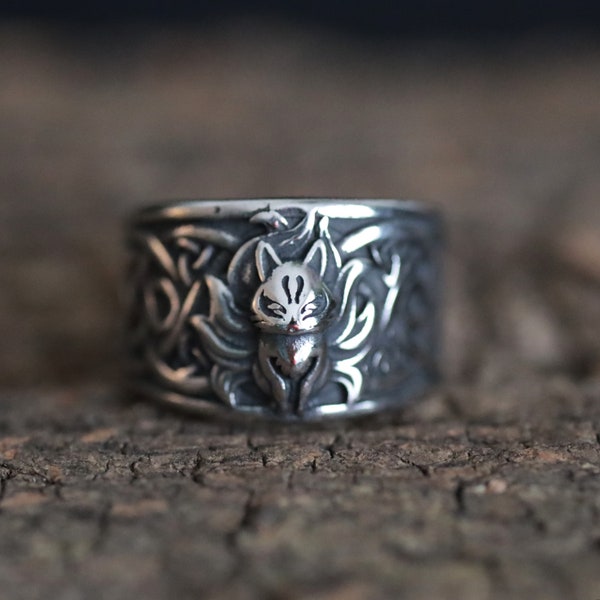 Niedlicher gotischer neunschwänziger Fuchs Kitsune-Edelstahlring – Zauber- und Charm-Ring, fantasievoller süßer mystischer Tierring