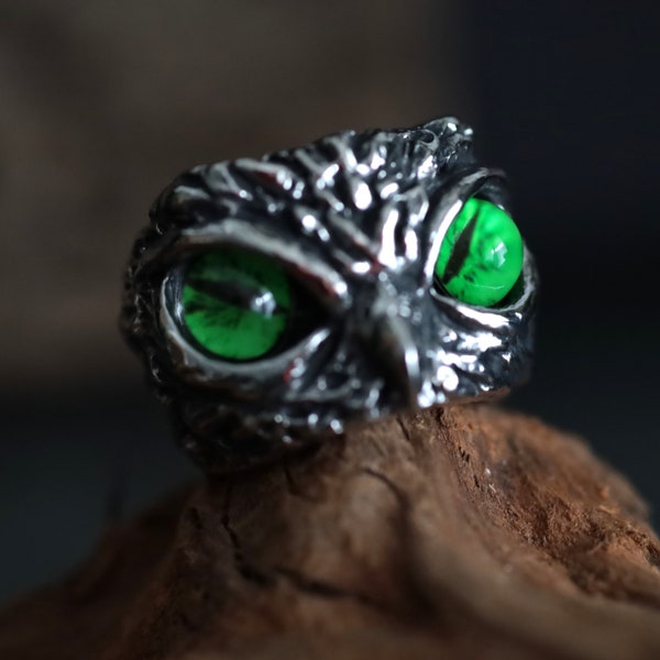 Niedliche Eule mit grünen Augen Ring, Frauen Edelstahl, gothic Ring Geschenk für sie, leuchtende Augen Ring, Tierring