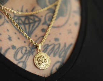 Colgante de cabeza de Medusa, cadena doble individual chapada en oro de 18 quilates, duradero, hipoalergénico, no se deslustra, resistente al agua, acero inoxidable unisex.