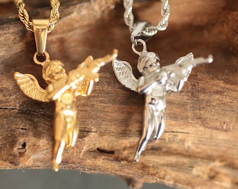 Angel with AK47 Pendant Necklace: Stainless Steel, Silver or Gold