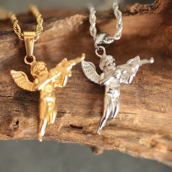 Angel With AK47 Stainless Steel Pendant and 50cm Rope Chain Necklace Revenge Angel Cupid Love Kills Silver Gold 18k Plated Unisex Jewel Etsy