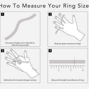 Peut inclure: Diagramme expliquant comment mesurer la taille de votre bague. Les instructions incluent la coupe d'une bande de papier, l'enroulement autour d'un doigt, le marquage du chevauchement et la mesure de la longueur en centim&egrave;tres. Le texte dit "How To Measure Your Ring Size."