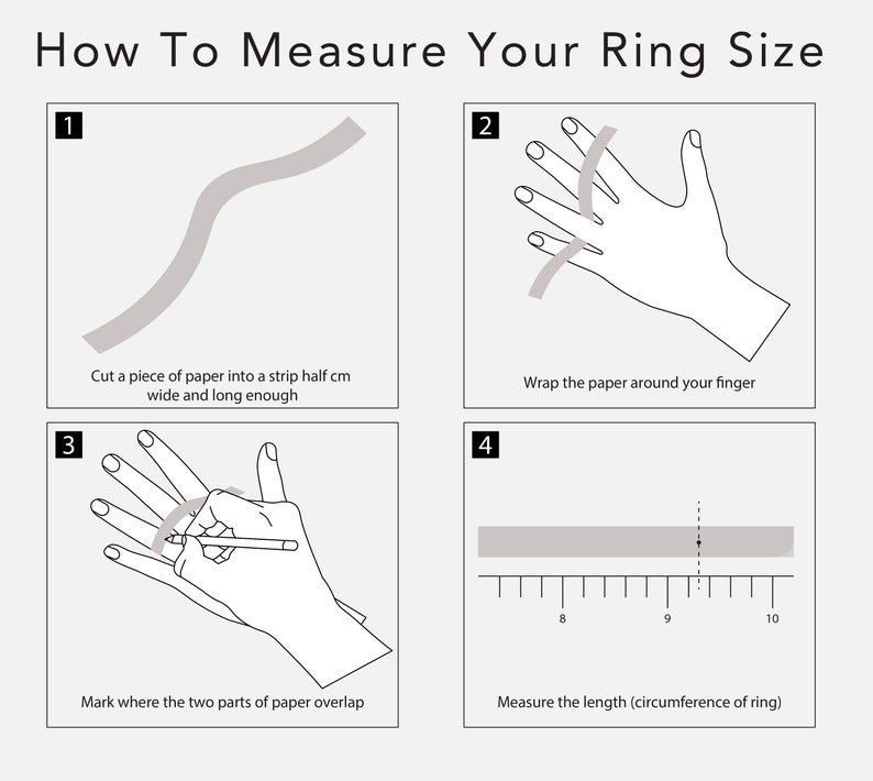 Peut inclure: Diagramme expliquant comment mesurer la taille de votre bague. Les instructions incluent la coupe d'une bande de papier, l'enroulement autour d'un doigt, le marquage du chevauchement et la mesure de la longueur en centim&egrave;tres. Le texte dit "How To Measure Your Ring Size."