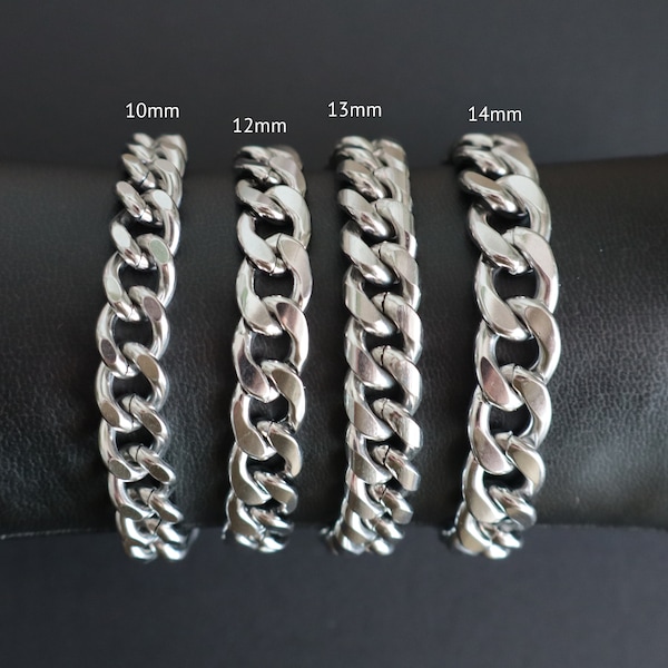 Cuban chain link bracelets, stainless steel bracelets, bold bracelets 10mm, 12mm, 13mm, 14mm, 22cm long, fashion wrist wear for him and her