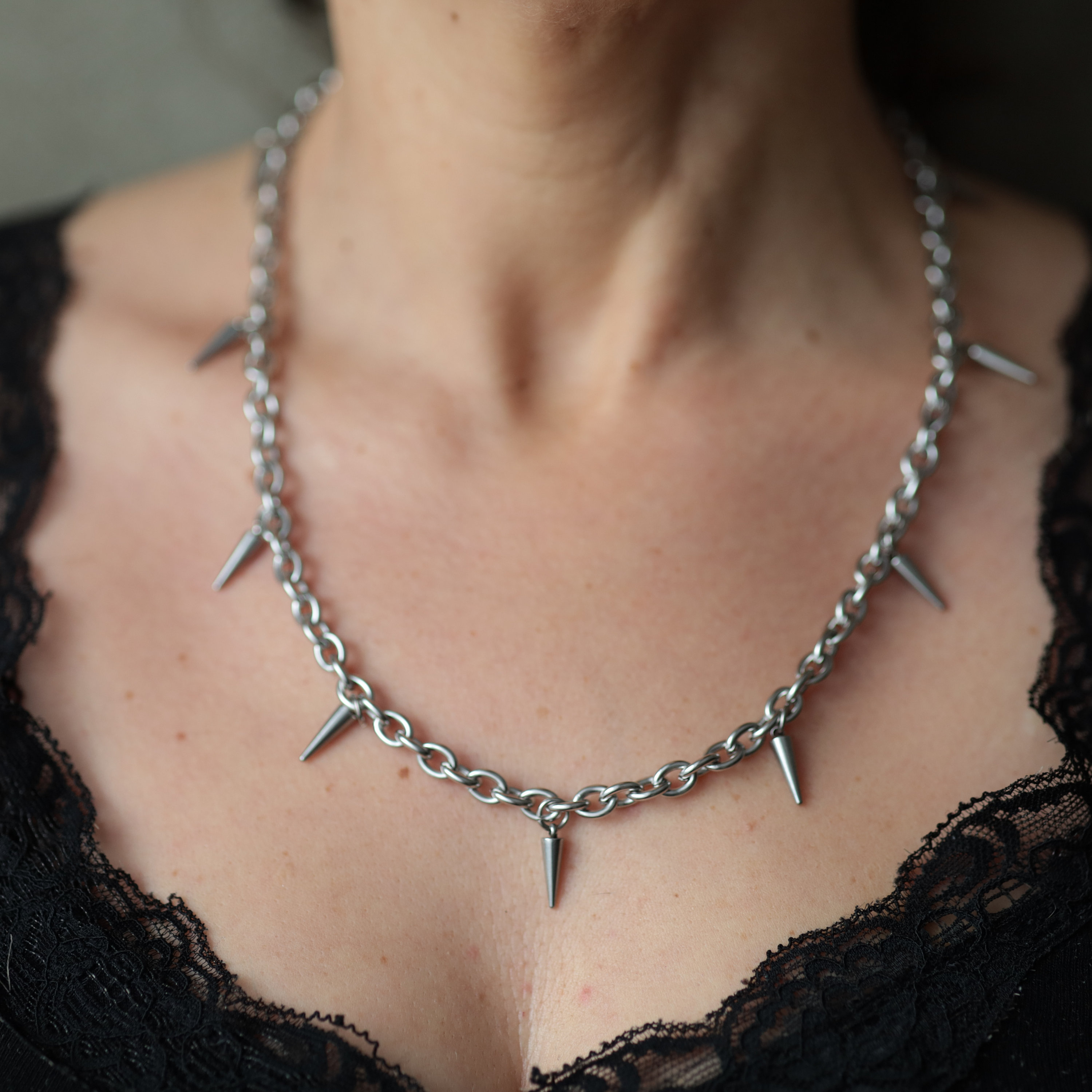 Spikes chain stainless steel necklace for women and men, gothic emo punk style edgy necklace, unisex present for him and her