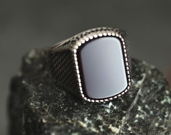 Anillo de sello de ágata de ónix negro, anillo de acero inoxidable para él y para ella, anillo de piedra negra, hermoso anillo de diseño, talla 7-13 EE. UU.