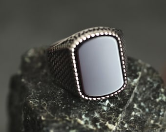 Anillo de sello de ágata de ónix negro, anillo de acero inoxidable para él y ella, anillo de piedra negra, hermoso anillo de diseño