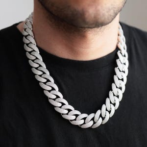 Iced Out Cuban Chain Necklace: White Gold Plated Brass, Cubic Zirconia (20mm, 22 inch)
