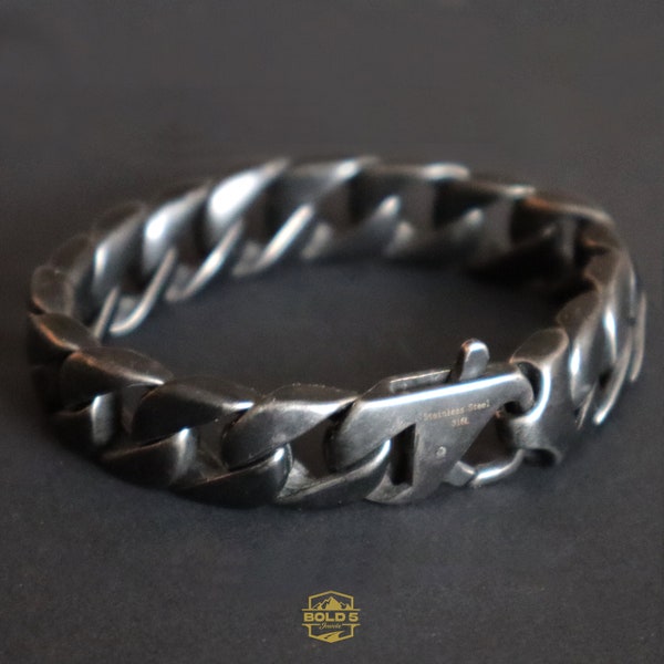 BIG Bold Bracelet, Chunky Curb Cuban Link Chain, 316L Stainless Steel Jewel, Dark Grey Matte vintage finish, 15mm wide, 18, 20 and 22cm long