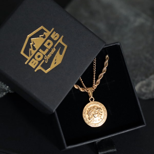 Medusa Head Pendant, Gold 18k Plated with Double chain necklace, Durable, Hypoallergenic, non-tarnish, waterproof, unisex stainless steel