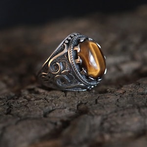 Tigerauge Stein Ring, Edelstahl Ring im Antik Look, Vintage Boho Hippie Stil Ring für Ihn, Geschenk für Ihn, spezieller Ring für Männer