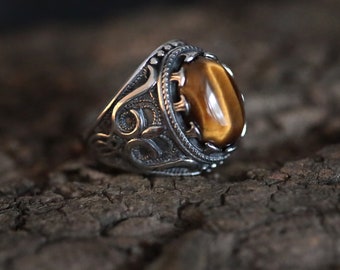 Anello Pietra Occhio di Tigre, anello dall'aspetto antico in acciaio inossidabile, anello vintage in stile boho hippie per lui, regalo per lui, anello speciale per gli uomini