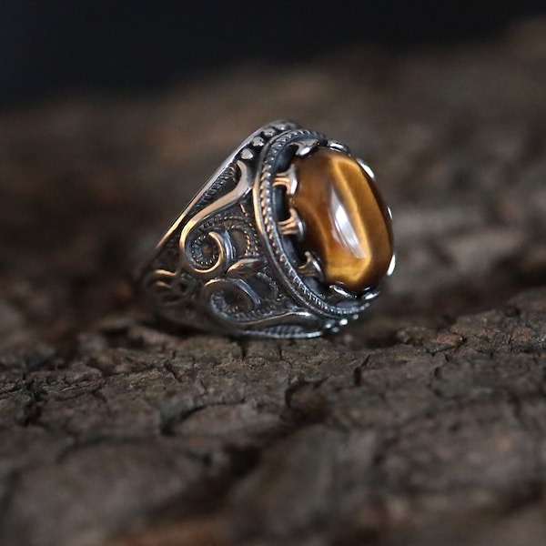 Tiger's Eye Stone ring, stainless steel antique look ring, vintage boho hippie style ring for him, present for him, special ring for men