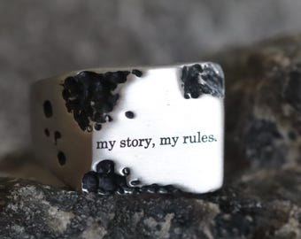 Typographic Mantra Inspirational Ring | Motivational Brutalist Stainless Steel Signet | Rustic Vintage Style Size 9 US