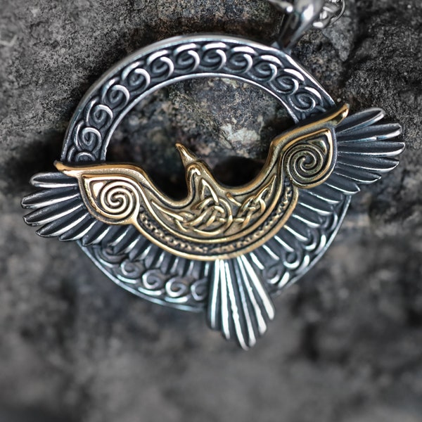 Celtic Rising Raven pendant, nordic viking style, stainless steel bicolor gold silver pendant, necklace 60cm, norse jewelry for him and her