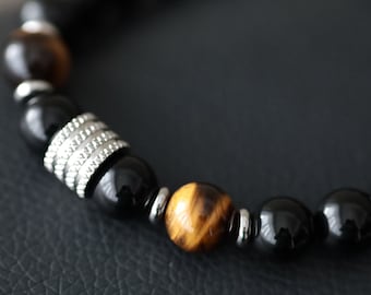 Natural stone and stainless steel bracelet, resizable 21cm long tiger eye yellow stone stone black beads with stainless steel central bead