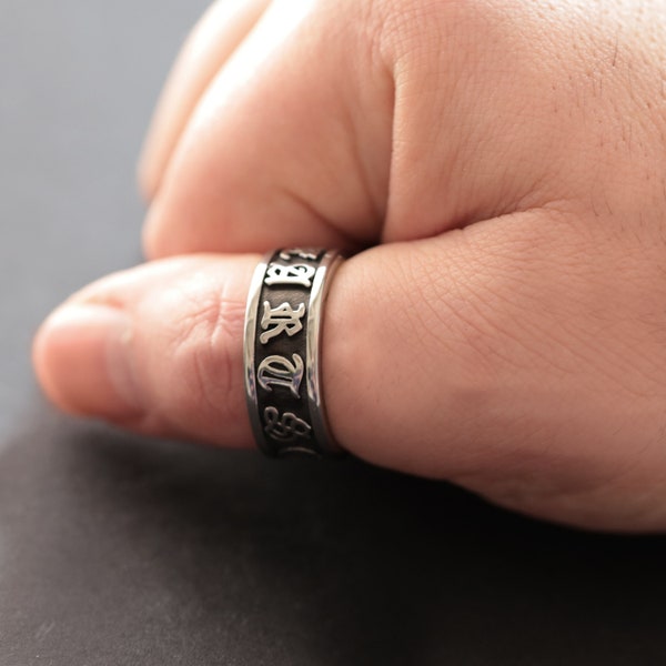 THUMB RING Gothic Lettering, Stainless Steel Old English Style band ring for men, gang gangster style heavy lettering graffiti ring