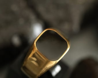 Zegelring van zwarte onyx: 18 kt verguld roestvrij staal