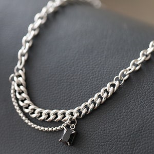 Multi-Chain Stainless Steel Necklace: Black Stone Pendant