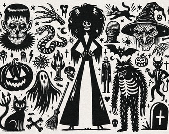 Halloween Clipart Bundle: Vintage Style Art PNG SVG Clipart Graphic (Digital Download)