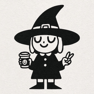 Little Witch Holding Coffee and Flashing Peace Sign - Halloween Art Graphic Illustration - Transparent PNG & SVG Clipart Digital Download