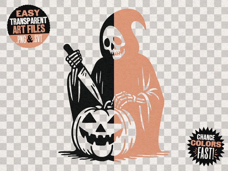 Grim Reaper Carving a Halloween Jack-o-lantern Pumpkin Art Graphic ...