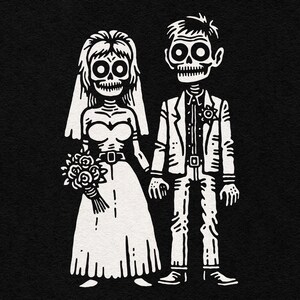 Nowożeńcy Zombie Para Trzymająca Się Za Ręce - Nieumarły Halloween Ślub Sztuka Grafika Ilustracja - Przezroczysty PNG + SVG Clipart Cyfrowe Pobieranie