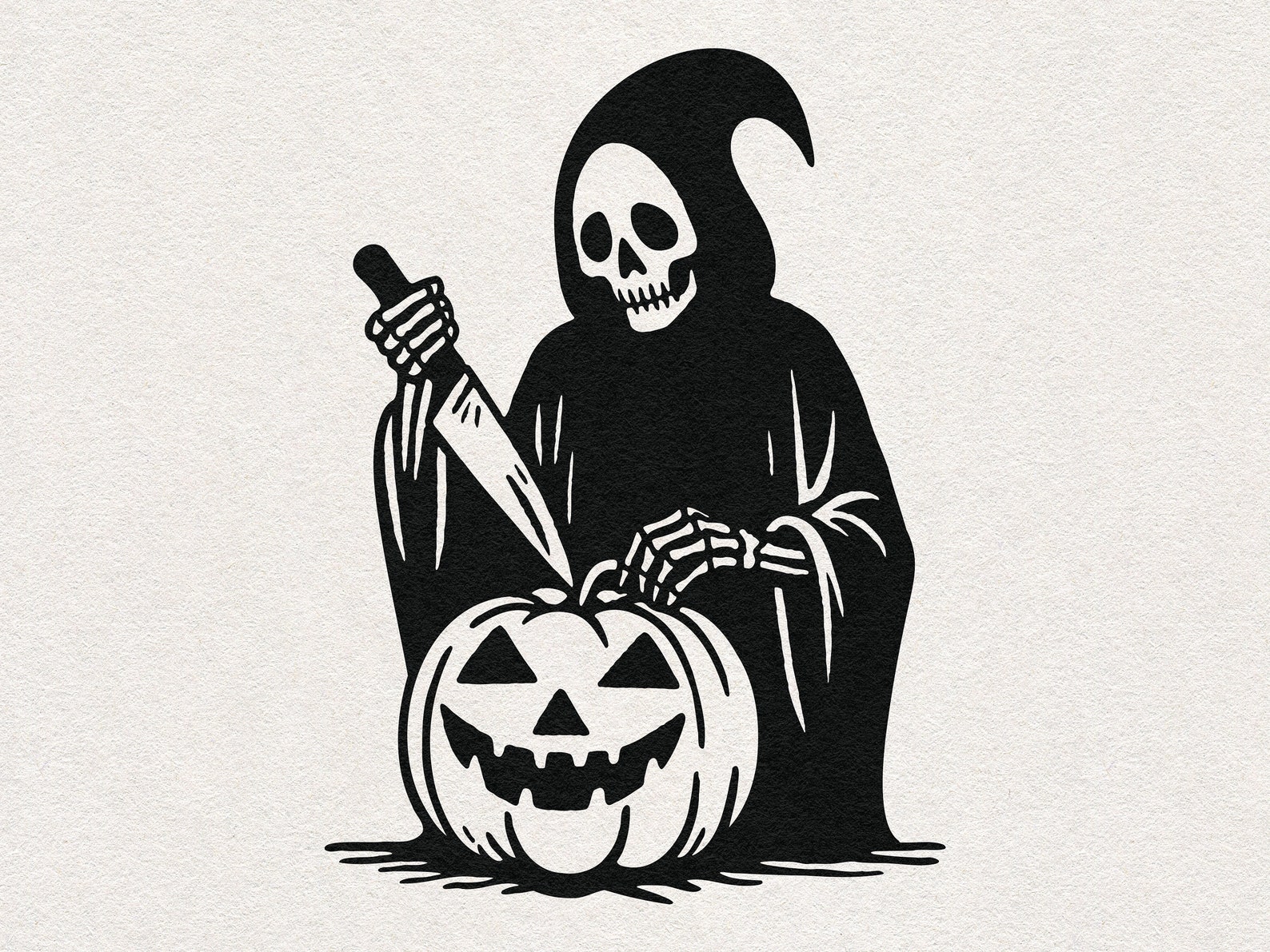 Grim Reaper Carving a Halloween Jack-o-lantern Pumpkin Art Graphic ...