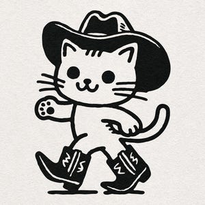 Cat in Cowboy Hat and Boots Cartoon Character - Country Western Cat Art Graphic Illustration Transparent Kitty PNG SVG Sublimation Clipart