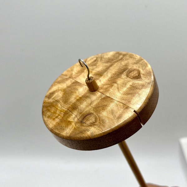 Book-Matched Quilted Maple Drop Spindle, Top Whorl, African Mahogany Base, Red Oak Shaft, 1.15 oz, Unique Gift for Special Spinner