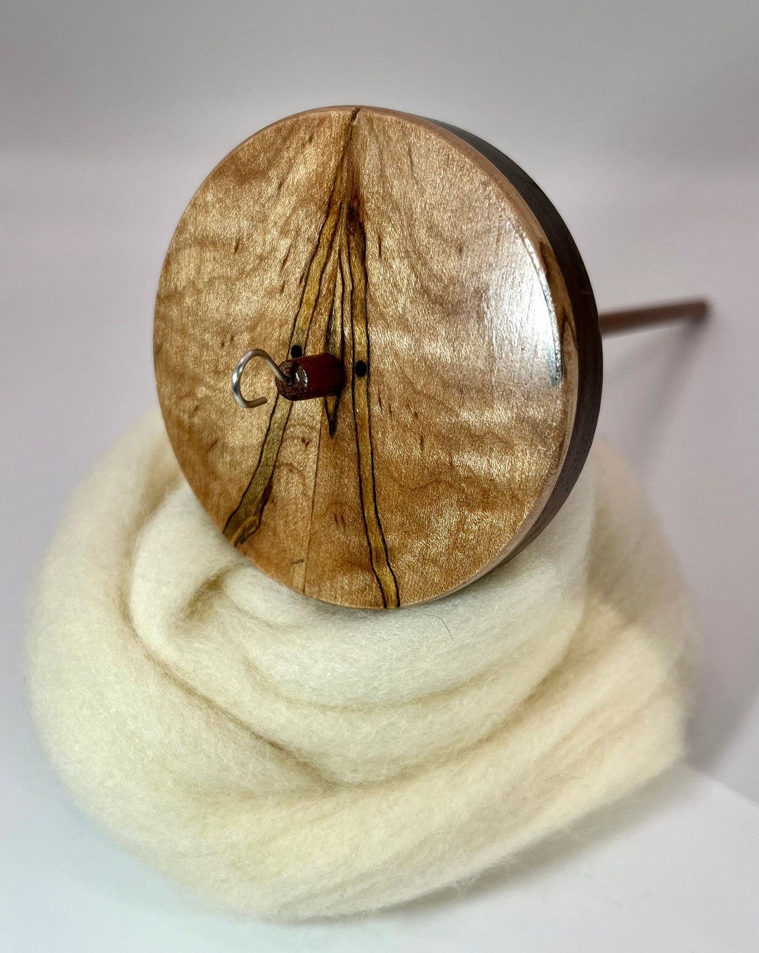 Top Whorl Drop Spindle, Book Matched Curly Ambrosia Maple, Walnut Base