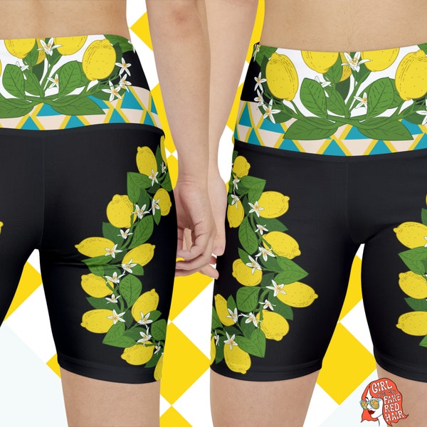 Lemon Print Bike Shorts, Italian-Inspired Trendy Athletic Wear, Summer Citrus Cycling Shorts, Women's High Waisted Workout Clothes