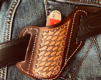 Leather Knife Sheath, Tooled Knife Holster, Basketweave Pancake Knife Case, Western Knife Sheath, Cowboy Holster, case knife sheath