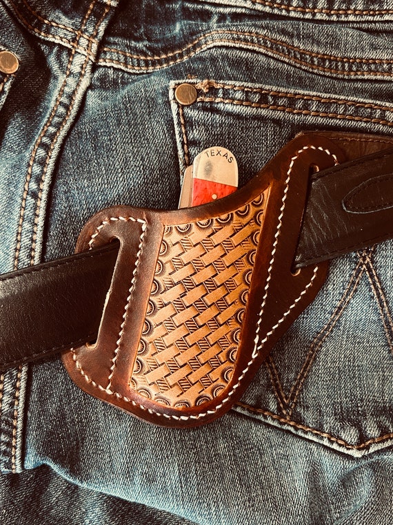 Leather Knife Sheath, Tooled Knife Holster, Basketweave  display picture 2