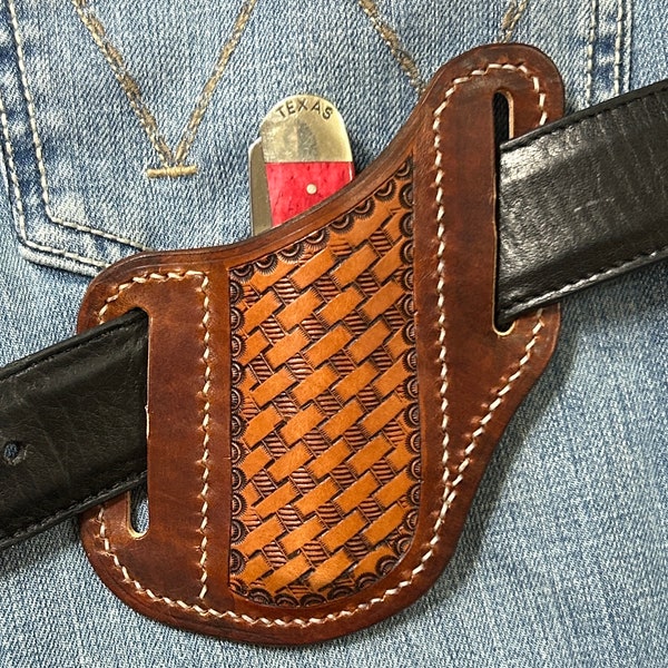 Leather Knife Sheath, Tooled Knife Holster, Basketweave Pancake Knife Case