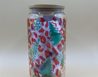 16oz Glass Libby Can Christmas Tree Leopard Print