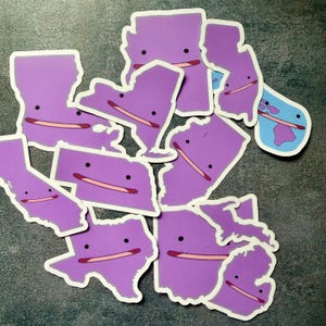 May include: A collection of purple stickers shaped like US states, each with a smiling face. The stickers have a white border and a light pink mouth. The stickers are scattered on a dark gray surface.