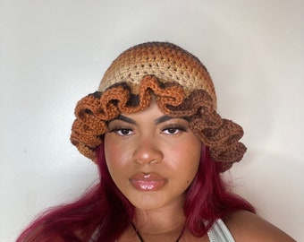 Crochet Ruffle Edge Hat |Crochet Ruffled Hat| Summer Hat| Ruffle Hat| Brown Bucket Hat | Cute Ruffled Hat