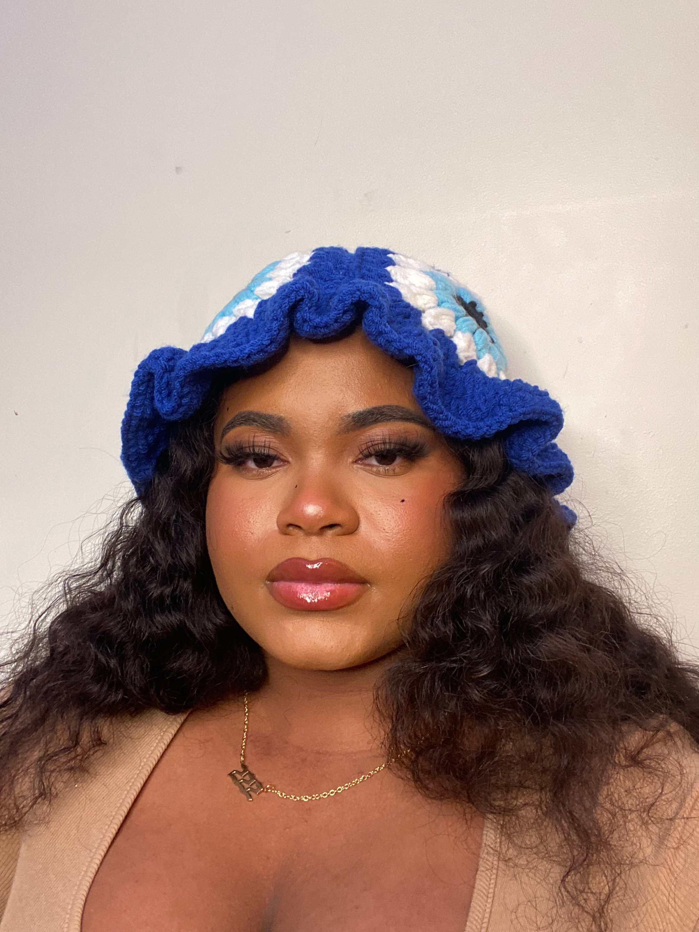 Blue, White & Black Hand Made Evil Eye Crochet Bucket Hat By The Stitch Fairy Crochet Evil Eye Bucket Hat With Blue Tones for Boho Style  main image 4