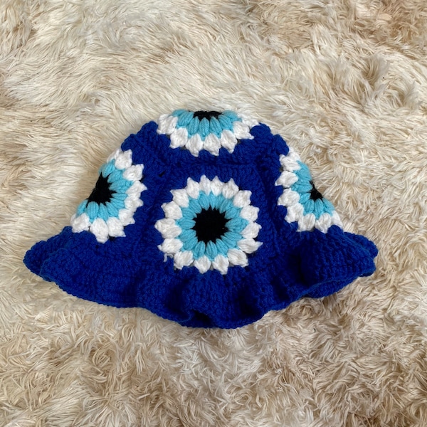 Evil Eye Crochet Bucket | Granny Square SunBrust Evil Eye Hat | Handmade Crochet Hats | Evil Eye | Summer Hats