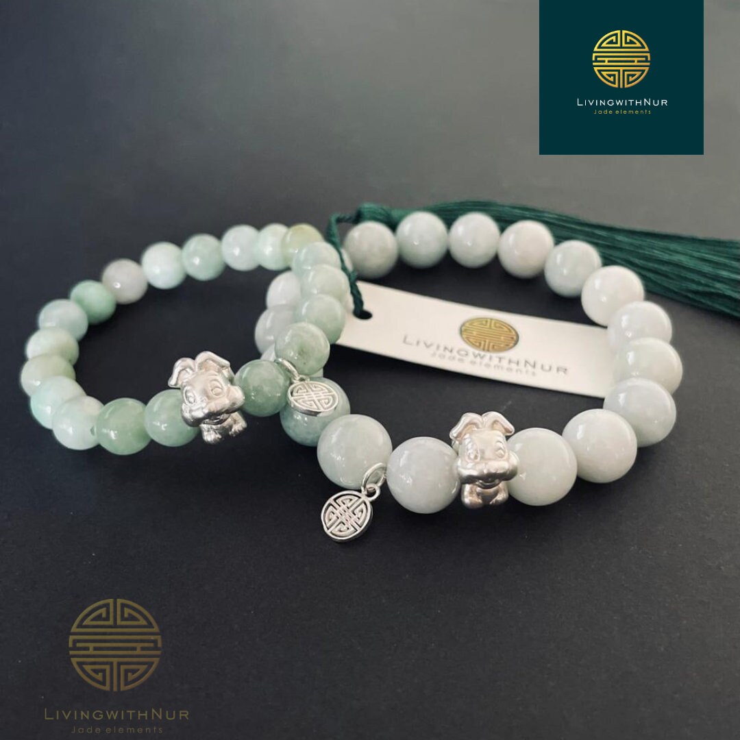 Jade Chinese Zodiac Rabbit Silver Beads Bracelets