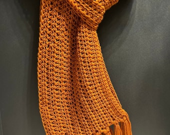 May include: A long, crocheted scarf in a burnt orange color with fringe at the ends.