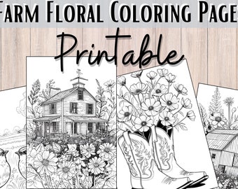 May include: Four black and white coloring pages featuring farm scenes. The pages include a farmhouse with flowers, a pair of cowboy boots with flowers, a barn with flowers, and a bird on a fence with flowers.