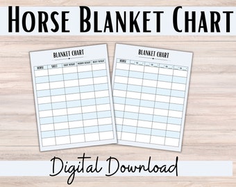 May include: A printable horse blanket chart with two pages. The first page has columns for horse name, sheet, light weight, medium weight, and heavy weight. The second page has columns for horse name and blanket sizes.