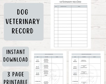 May include: A printable 3-page PDF veterinary record for dogs. The record includes sections for core and non-core vaccine records, as well as a section for general veterinary visits. The record is designed to help dog owners keep track of their pet's health and vaccination history.