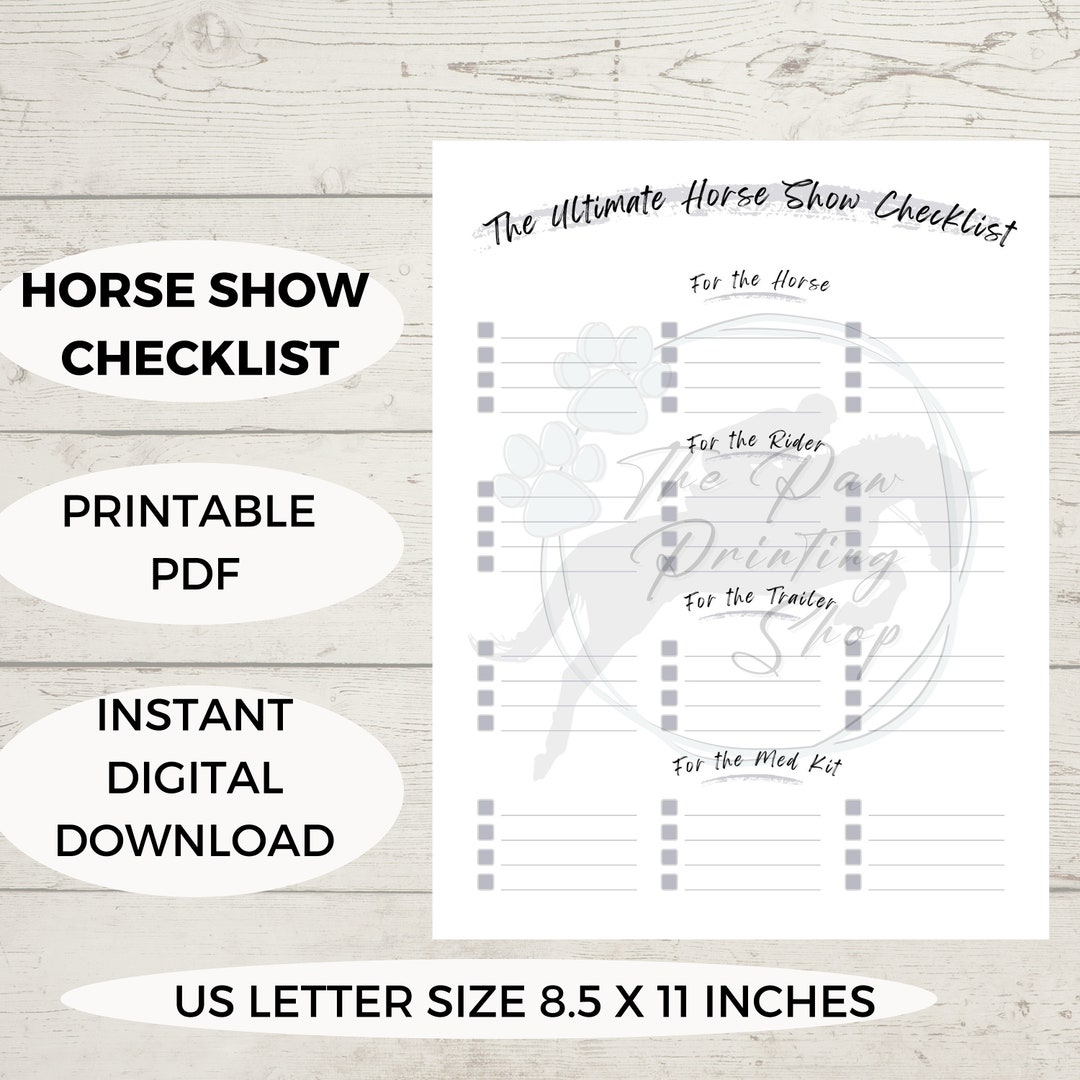 Horse Show Checklist, Horse Show Kit, Horse Show Bag, Printable Horse