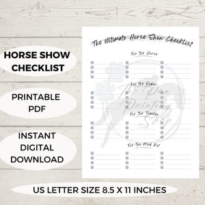以下が含まれることがあります： 米国レターサイズ（8.5 x 11 インチ）の印刷可能な馬術ショーチェックリスト。チェックリストには、馬、ライダー、トレーラー、救急箱のセクションが含まれています。