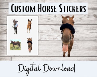 May include: Digital download of four custom horse stickers. The stickers feature a brown horse with a black fly mask, a brown horse with a rider, a brown horse in a field, and a close-up of a brown horse's face with its tongue sticking out.