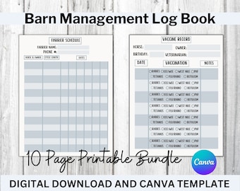 Peut inclure: Un carnet de gestion d'écurie imprimable avec un schéma de couleurs gris et blanc. Le carnet comprend des sections pour l'horaire du maréchal-ferrant, le registre des vaccins et des notes. Le texte "10 Page Printable Bundle" est en bas de la page.